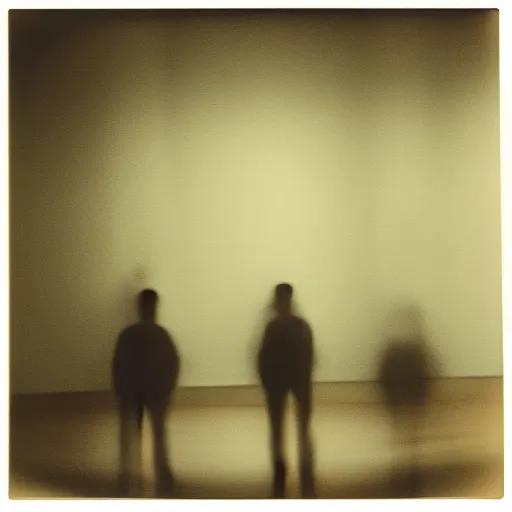Image similar to Two male silhouettes on an empty theatre stage, polaroid picture, colour, bright