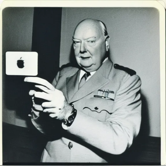 Prompt: polaroid picture of winston churchil checking his iphone