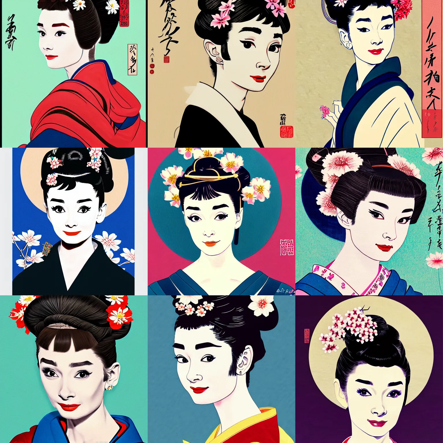Prompt: painting of audrey hepburn as orian with flower hair decoration in ukiyo - e art, half body, 4 k, ultra detailed, photo realistic