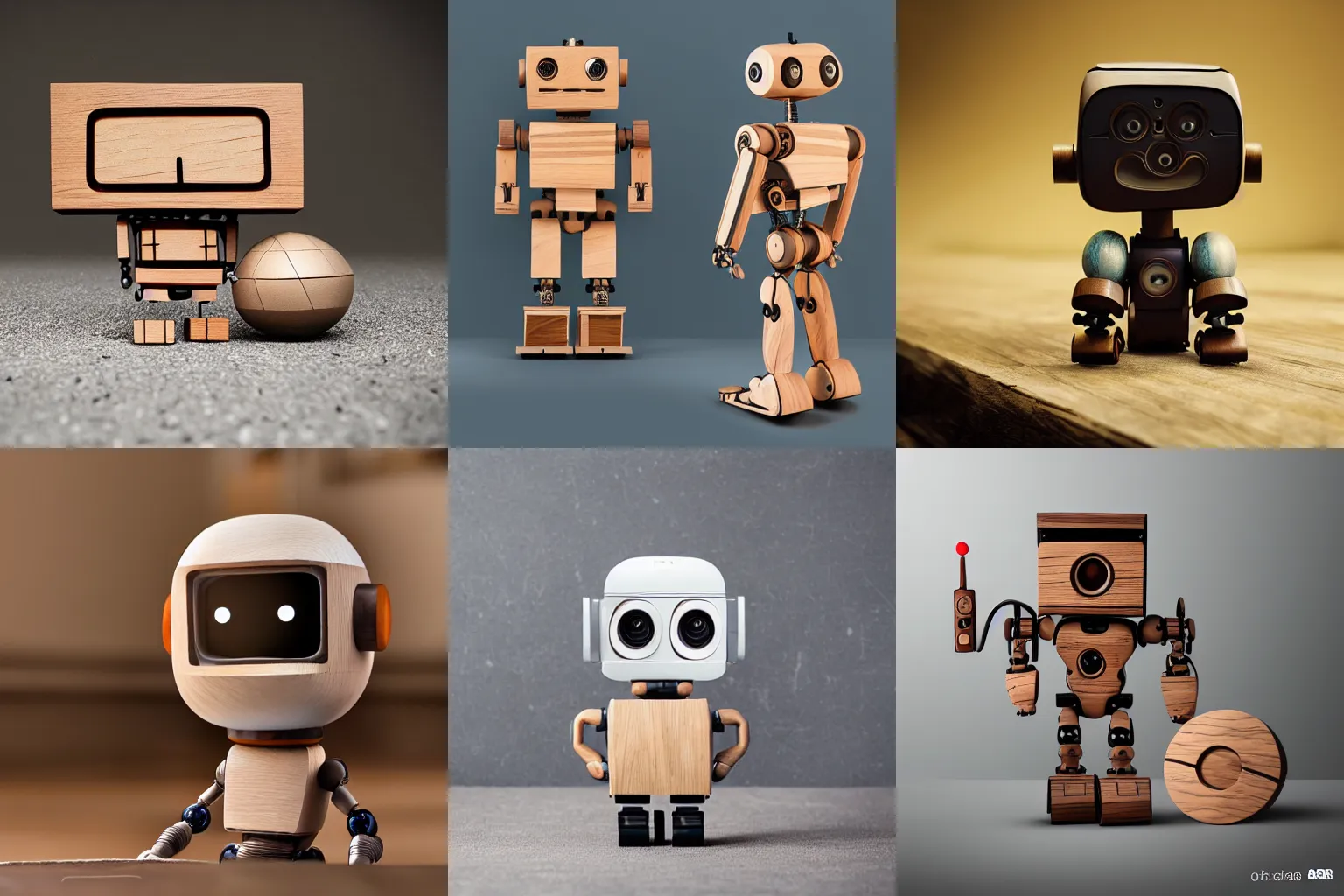 Prompt: ultra realistic 8k octan photo, wooden art toys on base cute robot , concept art ,contemporary art gallery