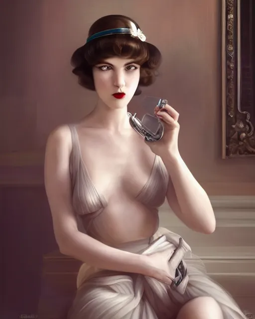 Prompt: artgerm and wlop portrait digital realist painting of a 1 9 2 0 s beautiful woman at a party in a mansion, mansion interior in the background, unreal engine, hyper realism, realistic shading, cinematic composition, realistic render, octane render, detailed textures, photorealistic, ultrawide shot, 3 5 mm film