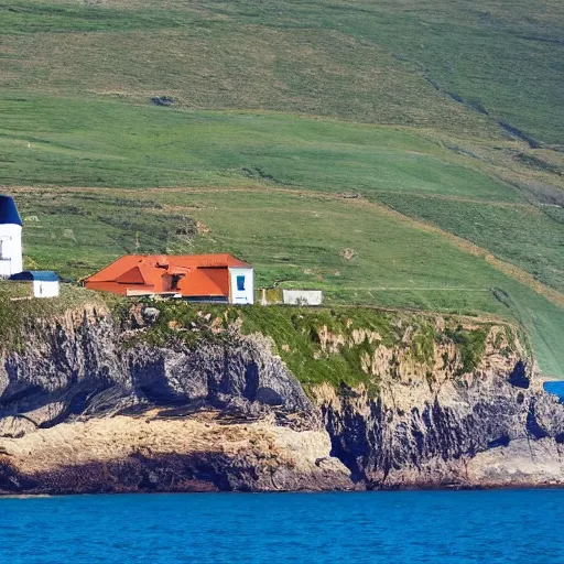 Prompt: a small village with white house standing on top of a huge cliff by the sea, windmills, grassy hills