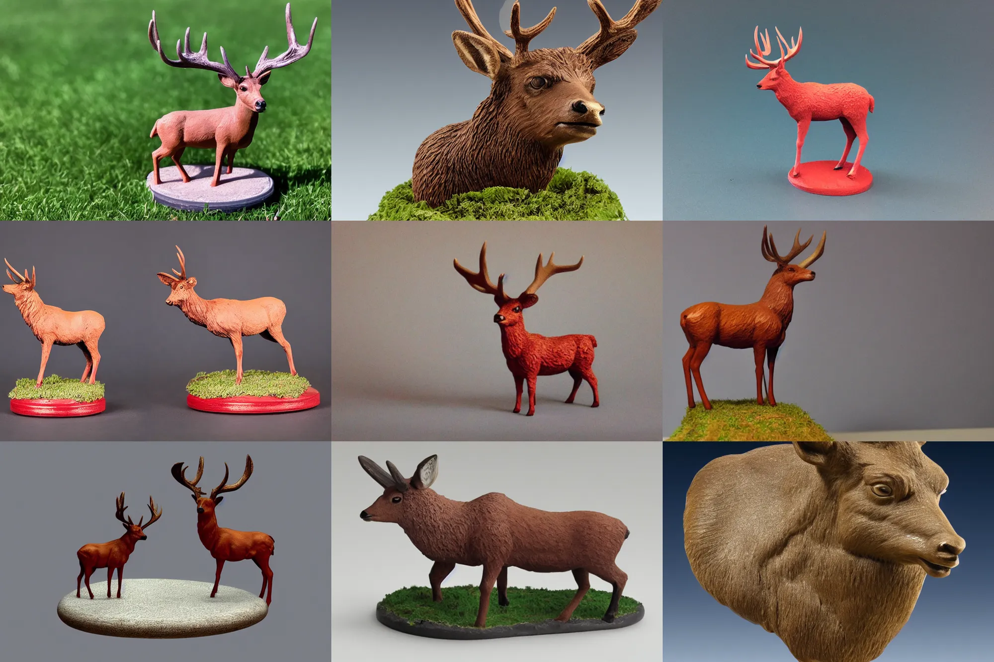 Prompt: painted 3 d printed figurine of a red deer on cylindrical base, grassy knoll