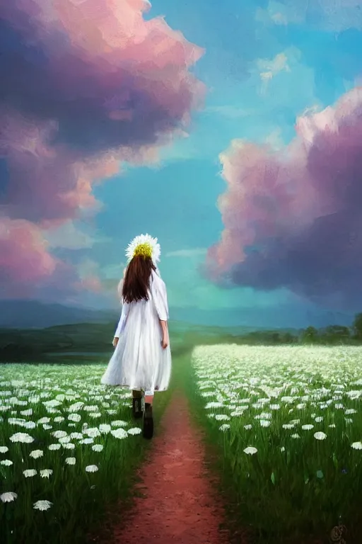 Image similar to giant white daisy flowers over face veil, girl walking in a flower field, surreal photography, sunrise, dramatic light, impressionist painting, colorful clouds, digital painting, artstation, simon stalenhag