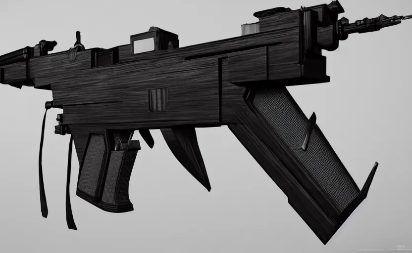 Image similar to futuristic submachine gun on a smooth white table, minimalist, studio lighting, 3d render, octane render, photorealistic, highly detailed, intricate detail, trending on artstation