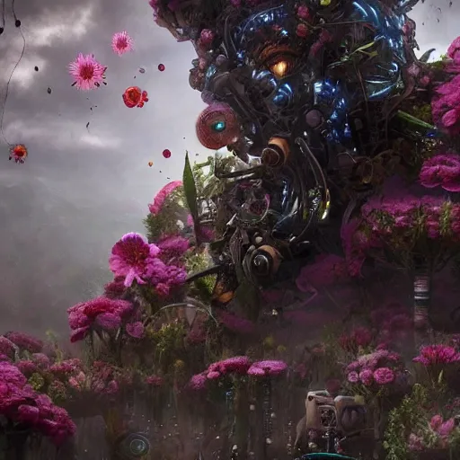 Image similar to intricate bio - mechanical flowers intertwined with human bio - mechanical organs, intricate environment, matte painting, cinematic, epic composition, highly detailed, atmospheric, wide angle, artstation trending