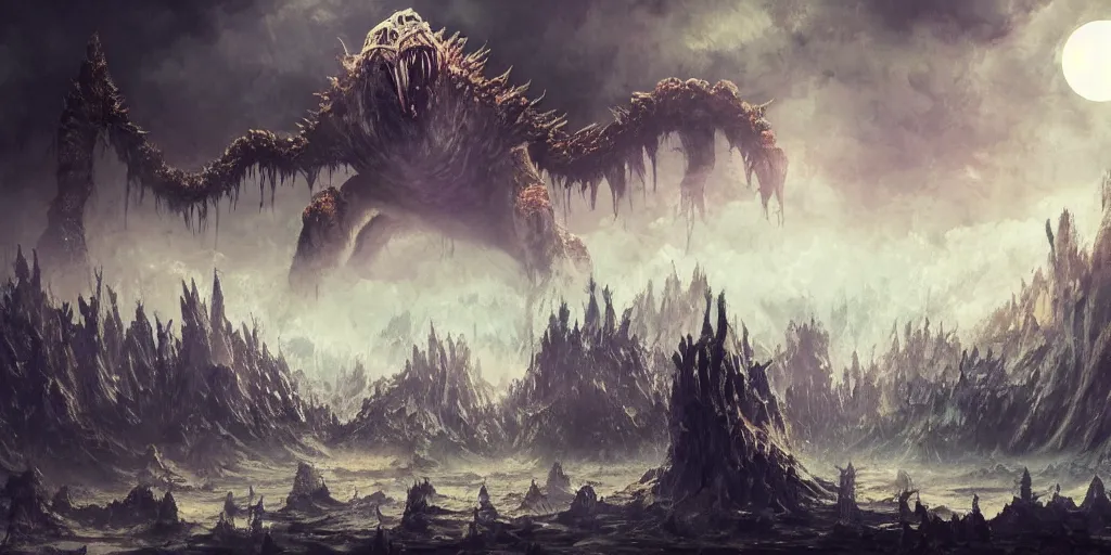 Image similar to concept art of giant kaiju, japanese, lots of teeth, melting horror, round moon, rich clouds, fighting the horrors of the unknown, mirrors, very detailed, volumetric light, mist, grim, fine art, decaying, textured oil over canvas, epic fantasy art, very colorful, ornate, anato finnstark