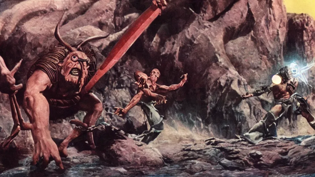 Image similar to still from a stop motion animated movie about a giant cyclops, by ray harryhausen, nineteen seventy five, cinematic lighting, ultra realistic, panavision, wide screen, saturated color, seventies cinema, vintage, sword and sorcery