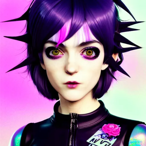 Image similar to a beautiful ramona flowers wearing punk fashion with head tilted back, focus close on eyes realistic skin texture, eighties holographic art by ilya kuvshinov monet range murata artgerm katsuhiro otomo norman rockwell, highly detailed intricately sharp focus, bedroom eyes trending on pinterest vogue italia unreal engine 5, 4 k uhd image