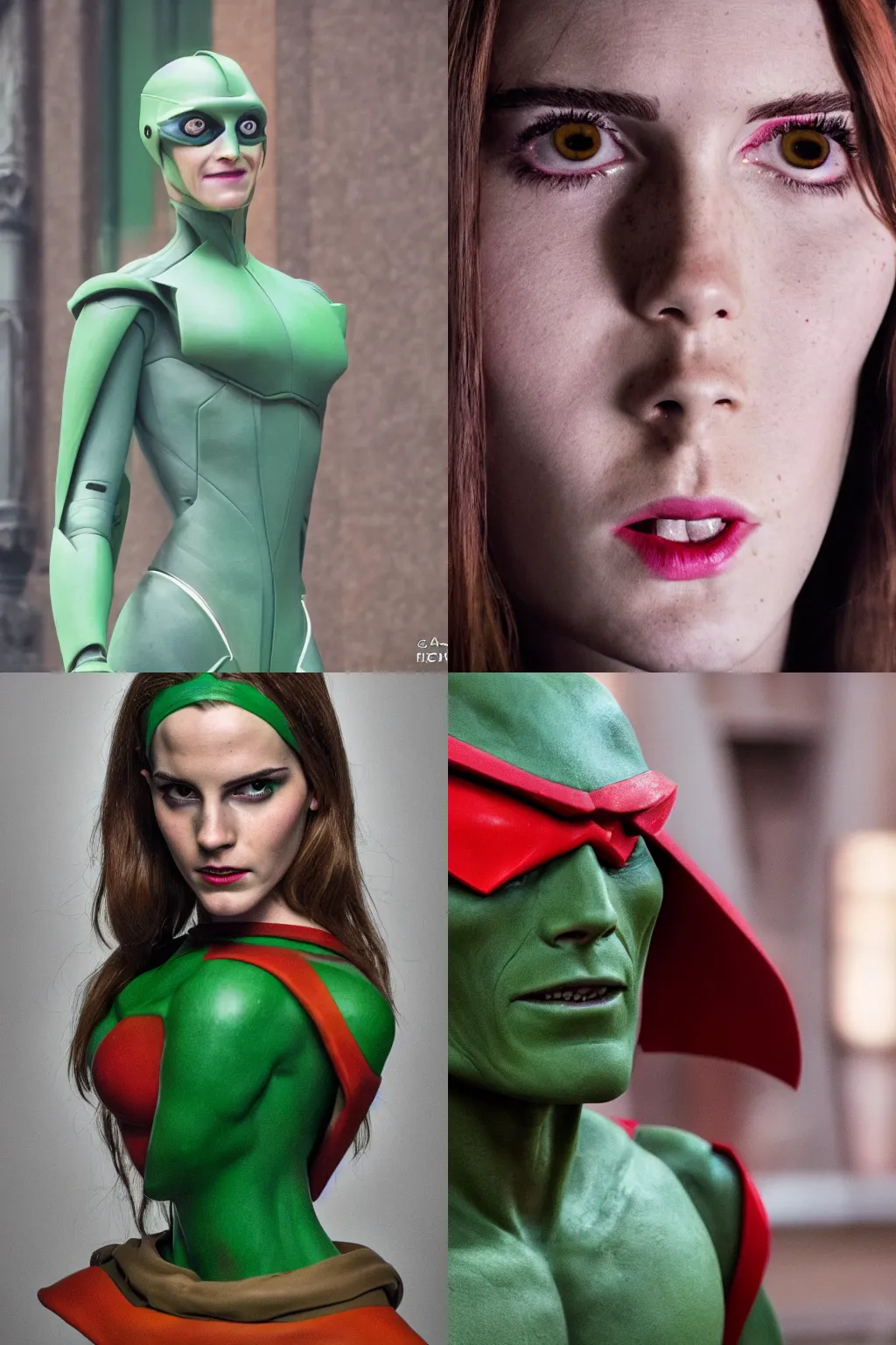 Prompt: A Martian manhunter mimics face of Emma Watson, photo taken with Nikon D750