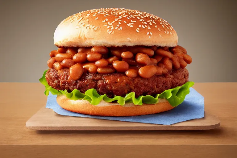 Prompt: mcdonalds baked beans burger, commercial photograph
