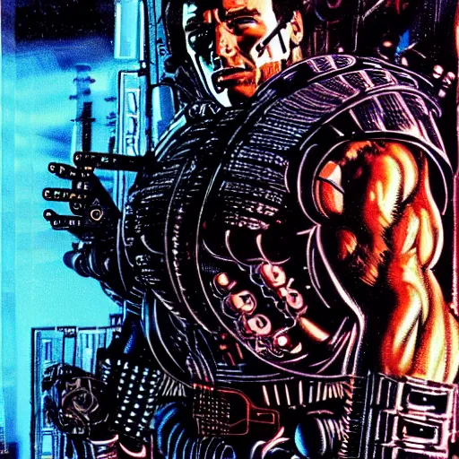 Prompt: schwarzenegger as cyberpunk knight, atmospheric lighting, painted, intricate, golden hour, ultra detailed by philippe druillet