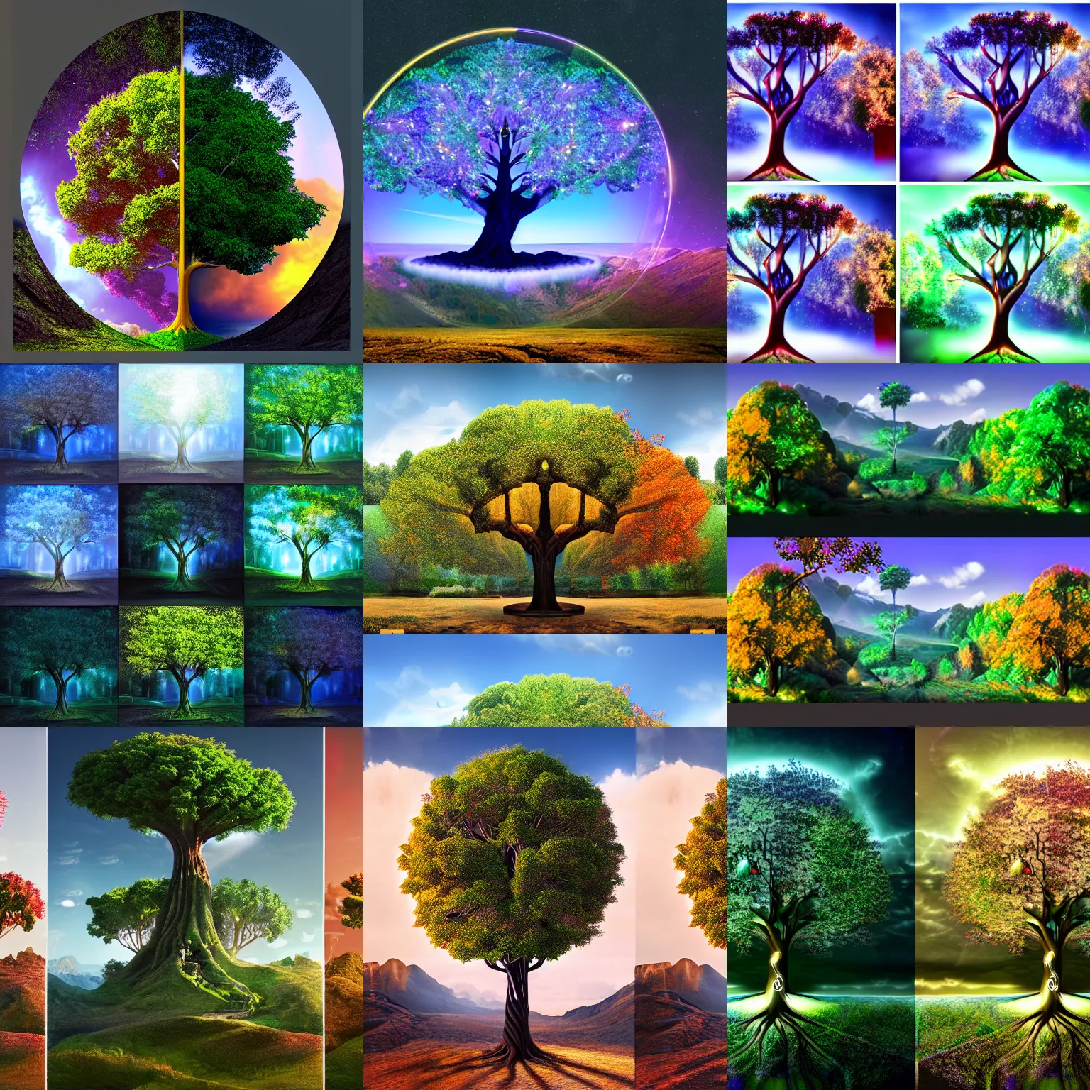 Image similar to tree of life, four seasons, volymetric light, highly detailed matte painting