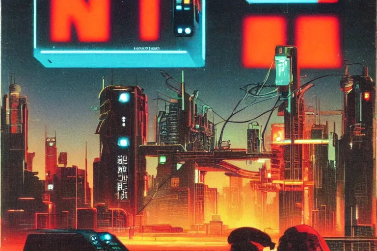 Image similar to 1979 OMNI Magazine Cover of a handheld retro electronic product with lights and cables neo-Tokyo in cyberpunk style by Vincent Di Fate