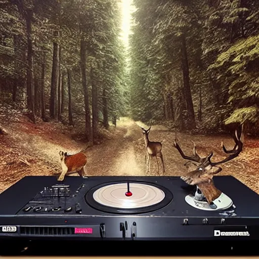 Image similar to “a deer dj playing on turntables, hyperexpressive beatiful matte painting, dynamic scene”