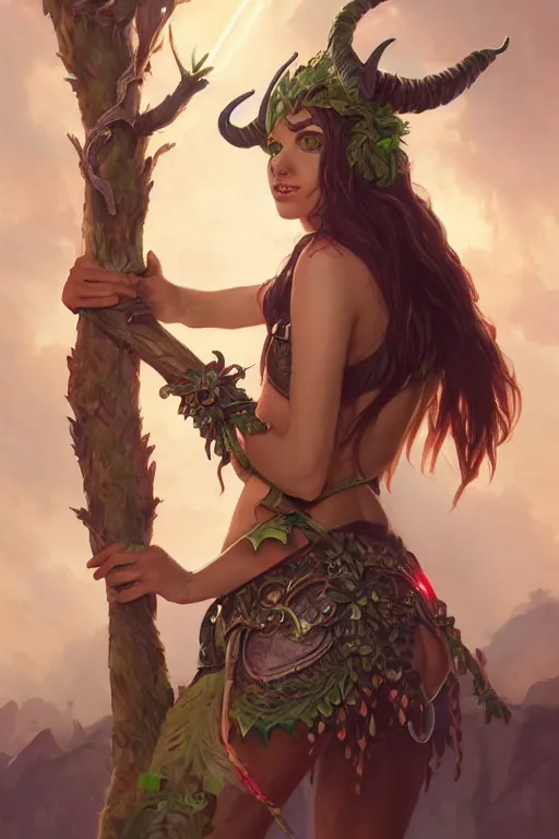 Image similar to cute Tiefling Druid with long horns, colorful leaves on light leather armor, holding tree staff, ,demon tail light-brown skin, highly detailed, digital painting, artstation, concept art, sharp focus, illustration, art by artgerm and greg rutkowski and alphonse mucha