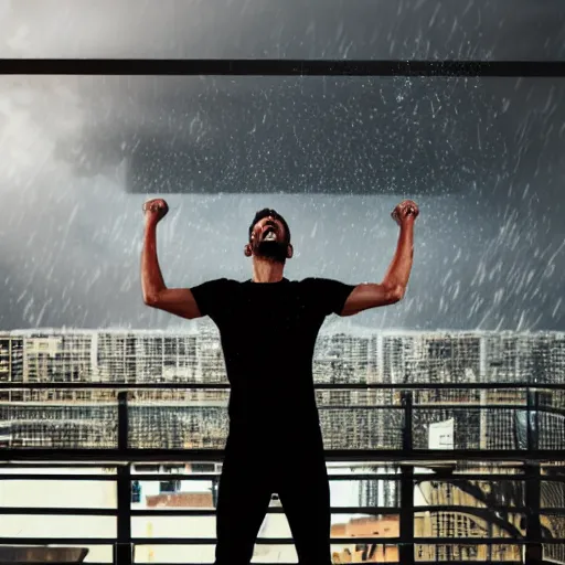 Prompt: a pumped up guy is standing, his back is turned, he's wearing a black t - shirt, he's on a hotel balcony, it's raining behind him, a laptop is lying next to him, the light from the laptop is hitting the guy