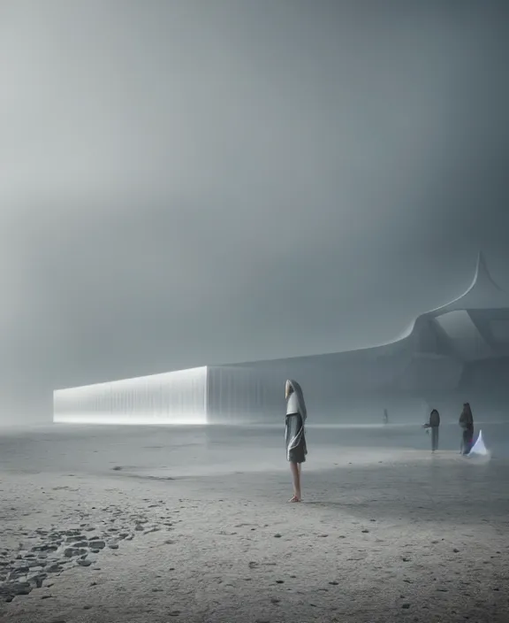 Image similar to surreal exploration, futuristic white architecture in the beach in iceland, foggy, highly detailed, digital painting, arstation, concept art, hyperealistic octane render, unreal engine,