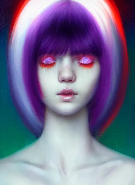 Image similar to hair whitebangs hair, black hair, whitebangs, portrait of teenage girl with white bangs, red irises, purple clothes, white bangs, bangs are different color from hair, intricate, elegant, glowing lights, highly detailed, digital painting, artstation, concept art, smooth, sharp focus, illustration, art by wlop, mars ravelo and greg rutkowski