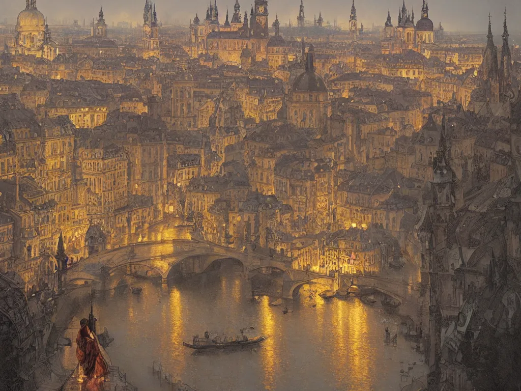 Image similar to a view from the river of a city resembling prague, paris, and venice at dusk, intricate, elegant, highly detailed, digital painting, artstation, concept art, smooth, sharp focus, colored illustration for tattoo, art by krenz cushart and artem demura and alphonse mucha,