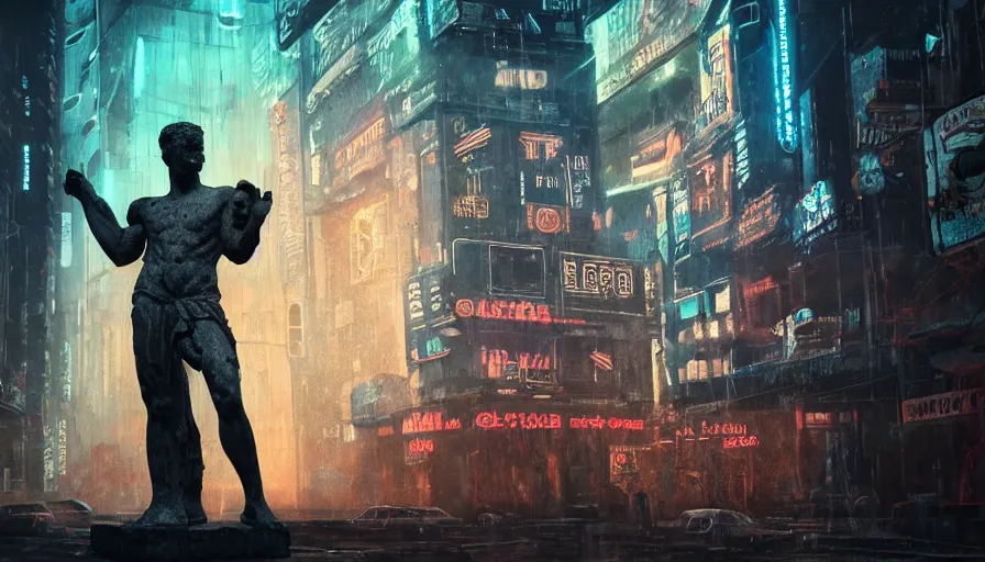 Image similar to a small weathered ancient greek sculpture standing in a square, surrounded by cyberpunk city, neon sign, bladerunner, digital illustration, artstation, cinematic composition