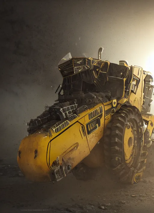 Image similar to a photorealistic dramatic hyperrealistic render of a futuristic caterpillar exosuit power dozer heavy machinery, ultra realistic details, glossy yellow, well worn, rust, oil stains by vitaly bulgarov and mike nash, beautiful dramatic dark moody tones and lighting, cinematic atmosphere, studio lighting, global illumination, shadows, dark background, octane render, 8 k