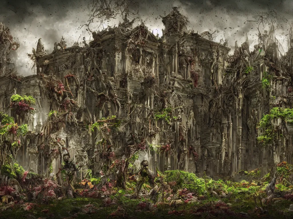 Image similar to A palace with zombie gardeners, fantasy art, long distance photography, 4k