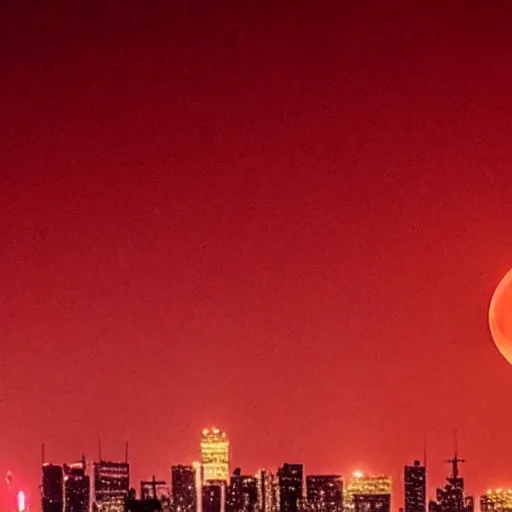 Prompt: A huge city built on top of the blood red moon