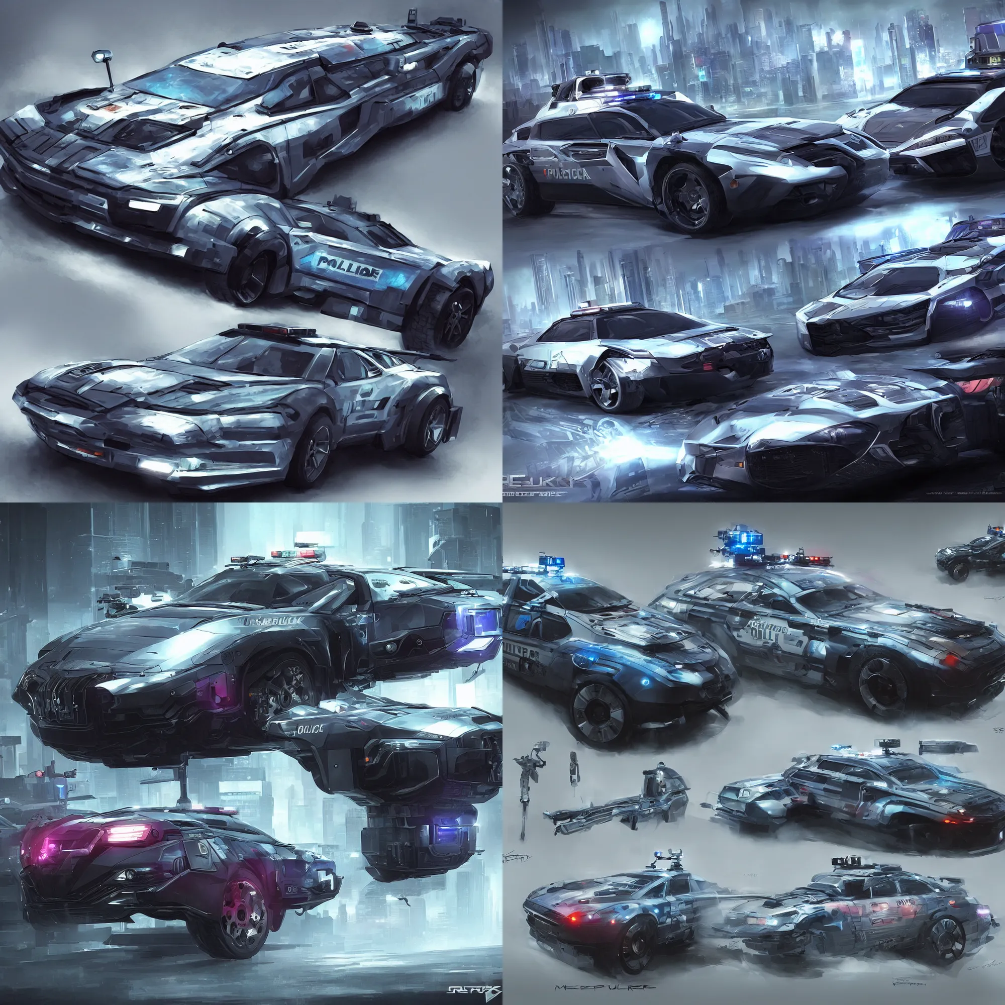 Prompt: cyberpunk police car concept art, photorealistic, concept art, high definition, game ready asset