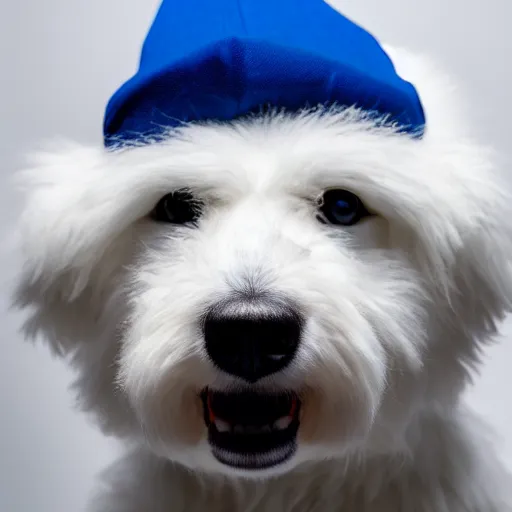 Prompt: a high quality photo of a white fluffy dog wearing a blue cap,photorealistic,hyperdetailed,focus,dept of field,professional photography,professional lighting,studio photo,studio lighting,detailed face