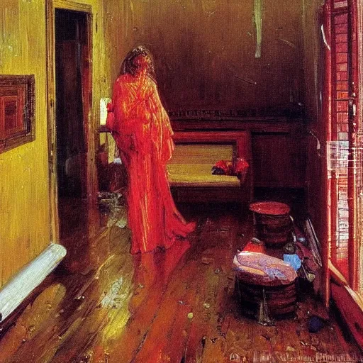 Image similar to Inside on a rainy day, warm colors, photorealistic oil painting, by Ilya Repin and Lucien Clergue