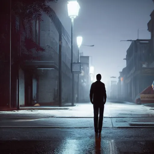 Image similar to a man standing in the middle of a street at night, a photorealistic painting by Gregory Crewdson, cgsociety, american scene painting, playstation 5 screenshot, matte painting, cryengine