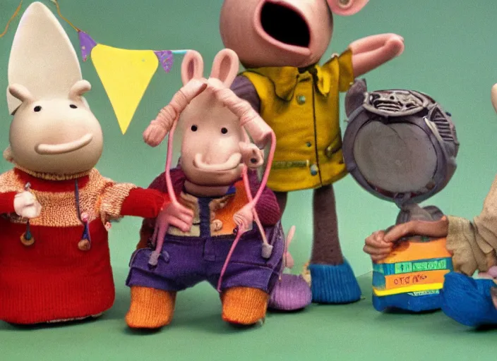 Prompt: a scene from a 1 9 8 0 s british kids tv programme by the bbc and oliver postgate, stop motion animation, the clangers, vhs distortion, folk horror