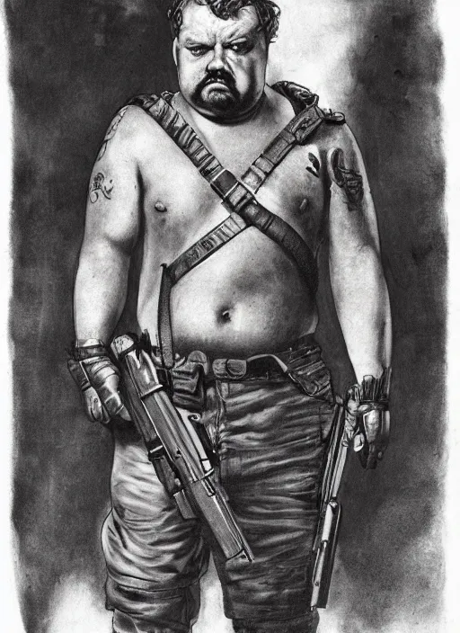 Image similar to gk chesterton as a buff mercenary with tattoos and a shotgun. portrait by james gurney.