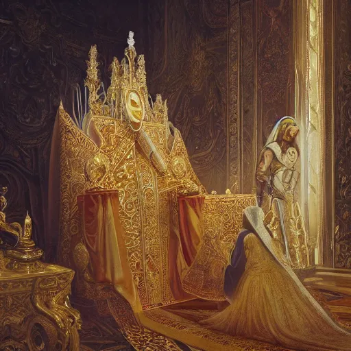 Image similar to kneeling before the pope, royal robe, gold trim, light effect, hyper detailed, intricate, atmospheric, elegant, photorealistic by paul lehr, marco mazzoni, featured on cgsociety, rococo, whimsical, artstation