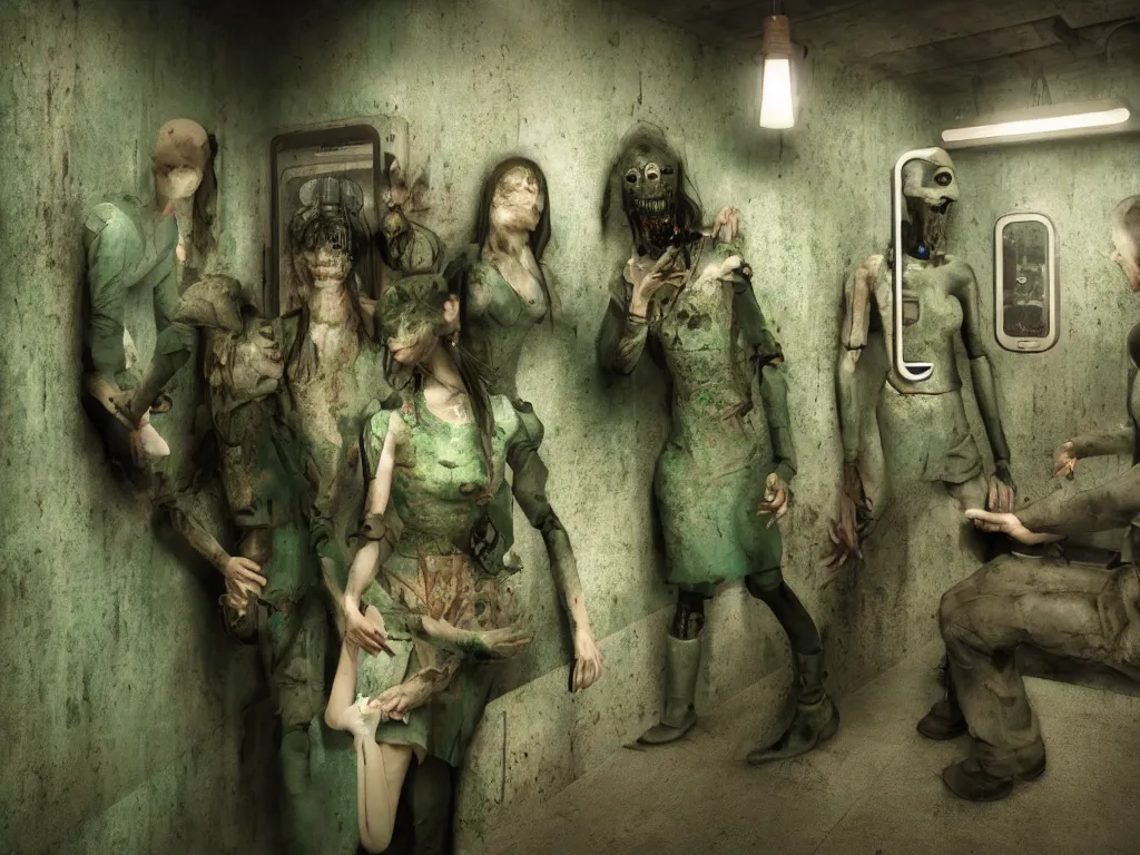 Image similar to animatronic humanoid figures on the subway, dimly lit, distressed Venetian green plaster walls, liminal space, haunting atmosphere, gothic, photorealistic, hyperdetailed 3D matte painting, hyperrealism, hyperrealistic, cinematic, silent hill, horror style, unrealengine octane render