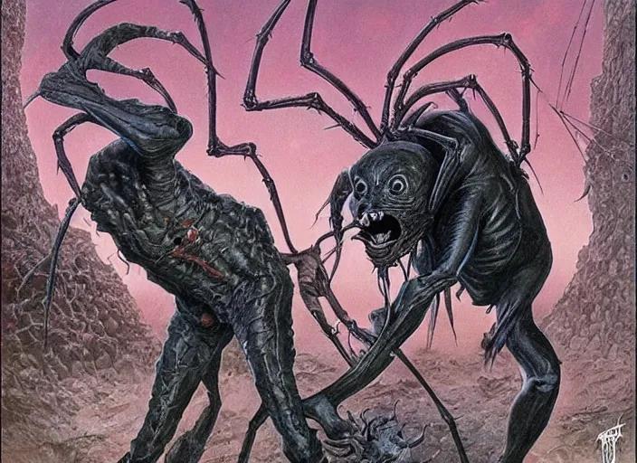 Image similar to a picture of an horrific creature with spider! torso and leg and with a black cat! head!, art by wayne barlowe and ralph horsley