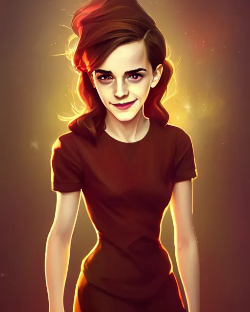 Image similar to a portrait of a beautiful full body Emma Watson smiling, pretty gold and red dress, art by lois van baarle and loish and ross tran and rossdraws and sam yang and samdoesarts and artgerm, digital art, highly detailed, intricate, sharp focus, Trending on Artstation HQ, deviantart, unreal engine 5, 4K UHD image