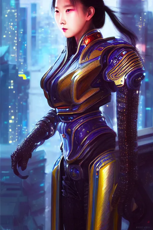 Image similar to portrait futuristic wuxia armor heroine Girl with thunder and fire sparkles and starlight, fighting in future cyberpunk beijing rooftop , ssci-fi, fantasy, intricate, very very beautiful, elegant, human structure, neon light, highly detailed, digital painting, artstation, concept art, smooth, sharp focus, illustration, art by tian zi and WLOP and alphonse mucha