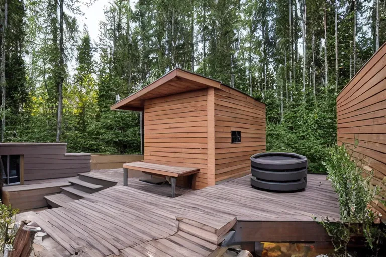 Prompt: modern backyard unique finnish sauna in a north american backyard
