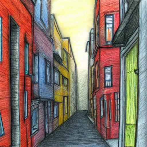 Image similar to narrow street between houses, colorful pencil drawing, concept art, high detail