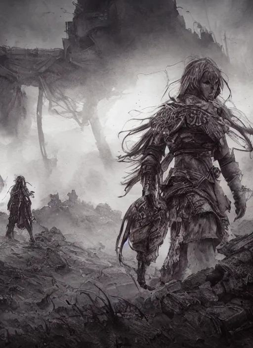 Image similar to portrait, Nomadic warriors wandering the wasteland of purgatory, watercolor, dramatic lighting, cinematic, establishing shot, extremely high detail, foto realistic, cinematic lighting, pen and ink, intricate line drawings, by Yoshitaka Amano, Ruan Jia, Kentaro Miura, Artgerm, post processed, concept art, artstation, matte painting, style by eddie mendoza, raphael lacoste, alex ross