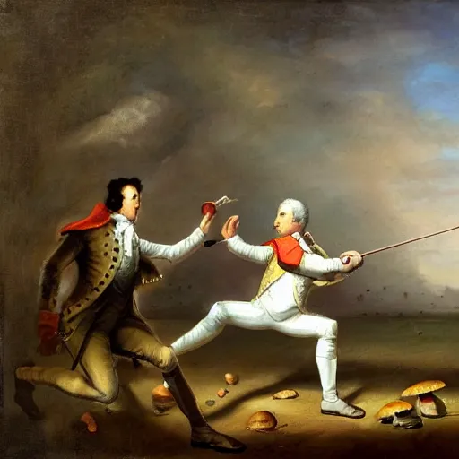 Image similar to a mushroom and a broccoli having a fencing duel painted by alexander hamilton