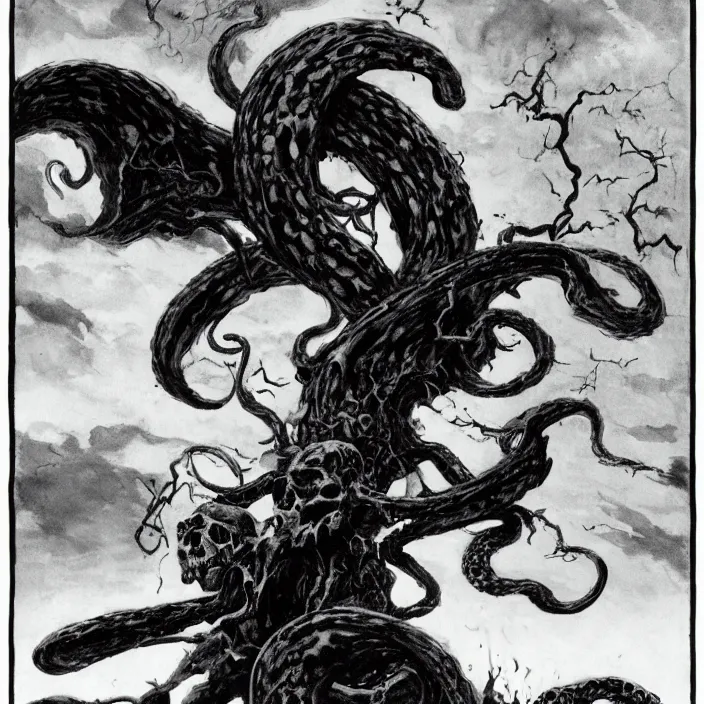 Image similar to bellatrix casting dark mark spell into the sky that is a vision of a skull with a snake protruding from its mouth by frank frazetta