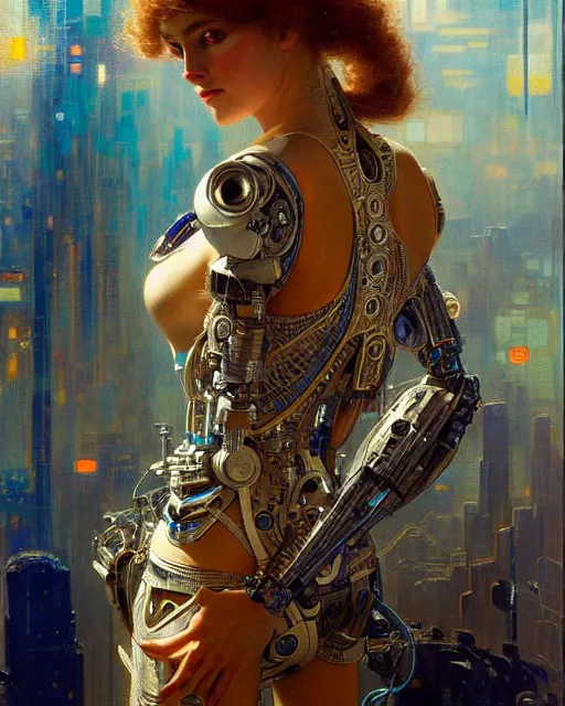 Image similar to an attractive cyborg wearing a futuristic dress surrounded by intricate geometric patterns. highly detailed painting by gaston bussiere, craig mullins, j. c. leyendecker 8 k