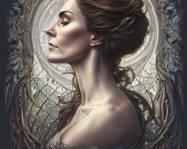 Image similar to photography of laurie lipton, deep focus, d & d, fantasy, intricate, elegant, highly detailed, digital painting, artstation, concept art, matte, sharp focus, illustration, kate middleton, art by artgerm and greg rutkowski and alphonse mucha