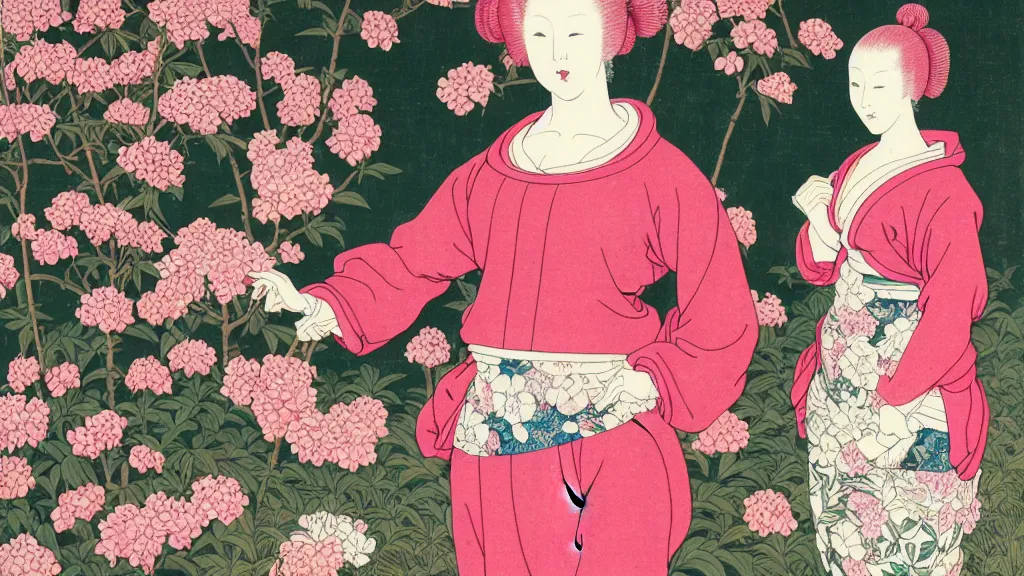 Image similar to portrait of a woman with pink hair buns, wearing a red t-shirt by Vivienne Westwood, standing in a garden full of flowers, intricate details, high detail, in a renaissance style, super-flat, ukiyo e