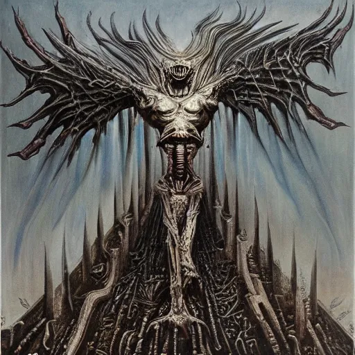 Image similar to painting by h. r. giger, fantasy demon rising from the ashes like a phoenix, metal album cover, punk, condemned to misery, terminate, metal, cloudy landscape, wide angle