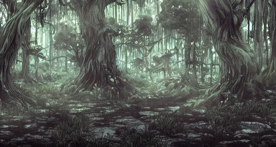 Prompt: A dense and dark enchanted forest with a swamp, by Wit Studio