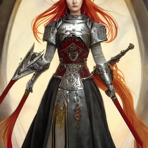 Image similar to Asuna Yuuki, young woman with orange hair wearing a partial paladin armor with a red skirt and white top, face, fantasy, intricate, elegant, highly detailed drawn by Donato Giancola and Tom Bagshaw, face by Artgerm and Edmund Leighton, Alphonse Mucha, background by James Jean and Gustav Klimt, 4k, porcelain skin, komorebi, french nouveau, trending on pixiv, octane render, hyperrealistic